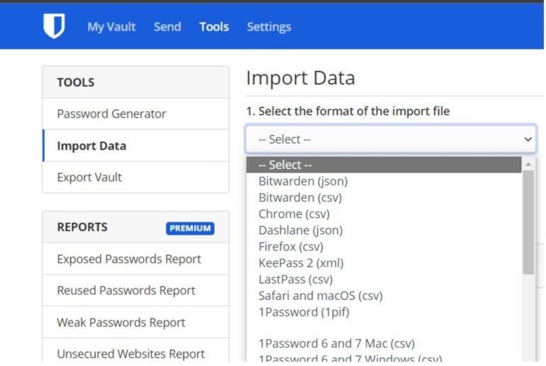 Bitwarden password import dashboard.