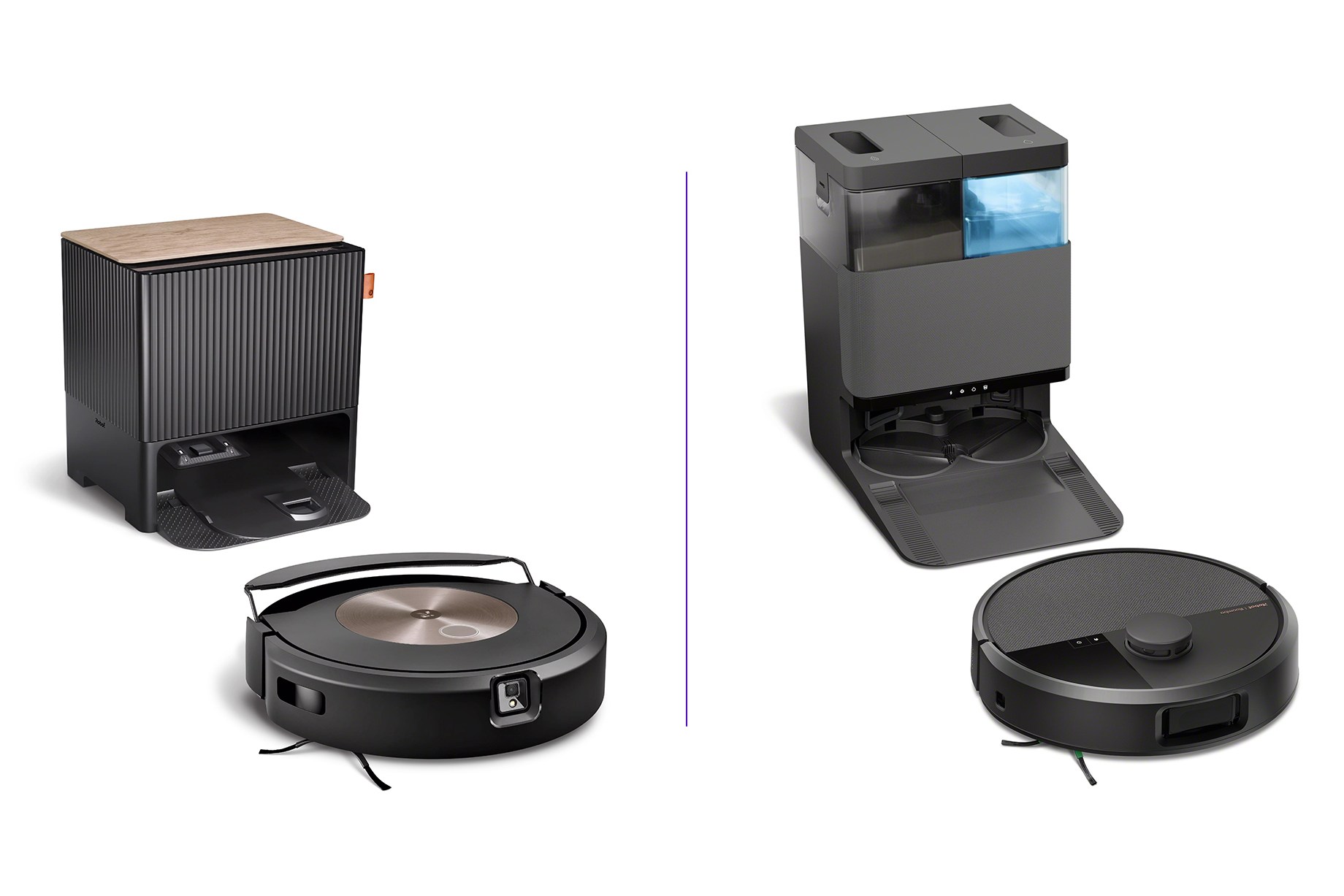 Left: iRobot’s Combo j9 Plus with the existing multifunctional dock design. Right: the new Roomba 505 with the new multifunctional dock design.