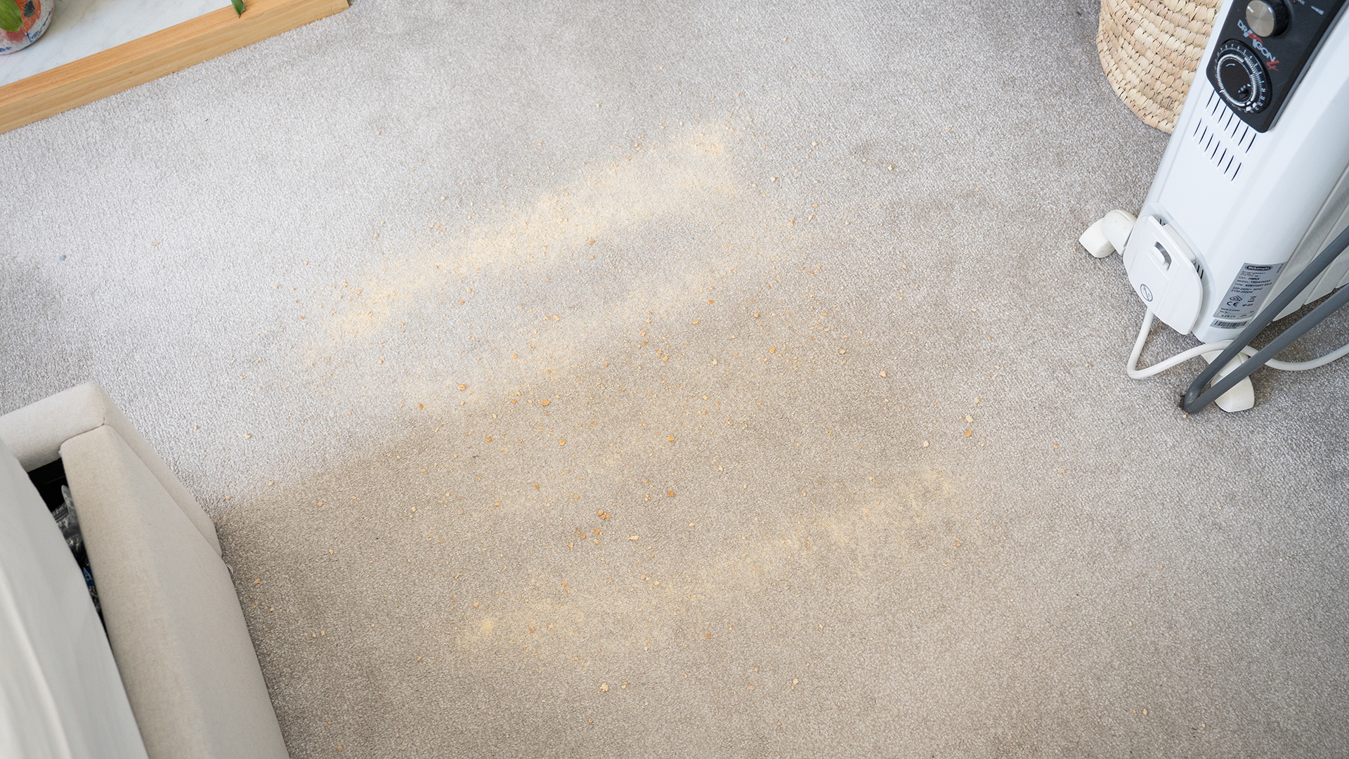Fine crumbs on a carpet before the vacuuming test