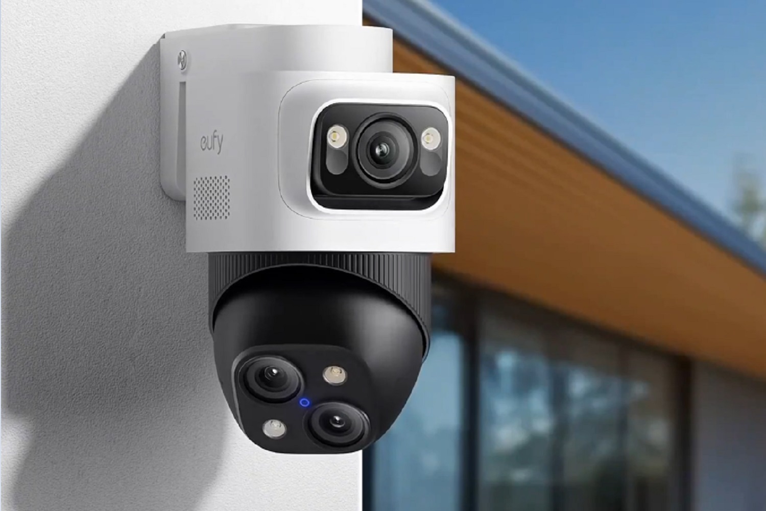 A camera of the eufy NVR PoE S4 Max Security System installed outdoors.