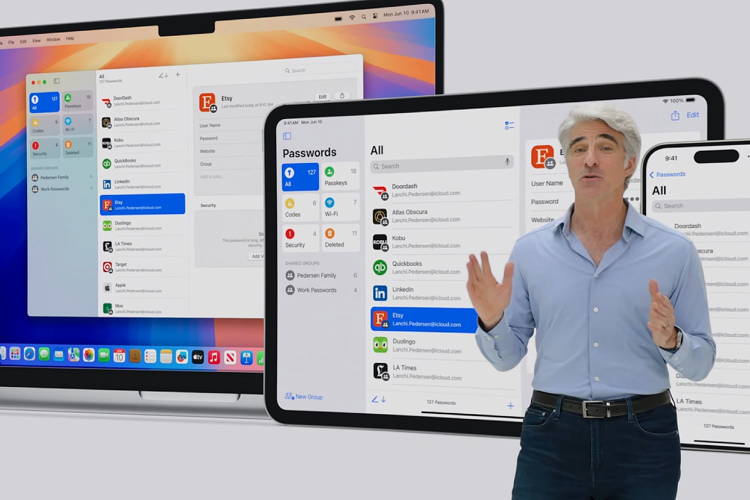 Apple's Craig Federighi introducing the Passwords app in macOS Sequoia at the Worldwide Developers Conference (WWDC) 2024.