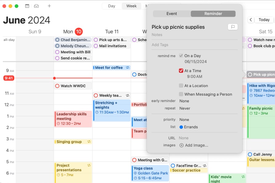 Adding a reminder in the Calendar app in macOS Sequoia.