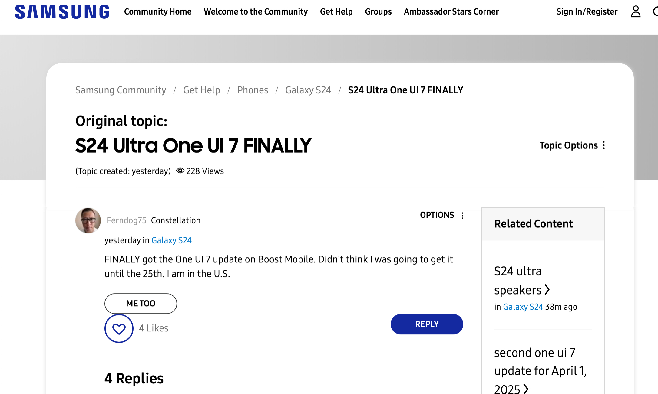 One UI 7 update post on Samsung Community Forum.