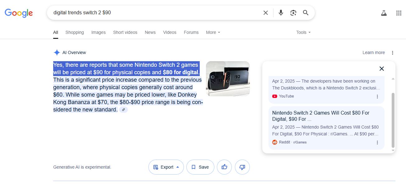 A Google result claims that Switch 2 physical games cost .