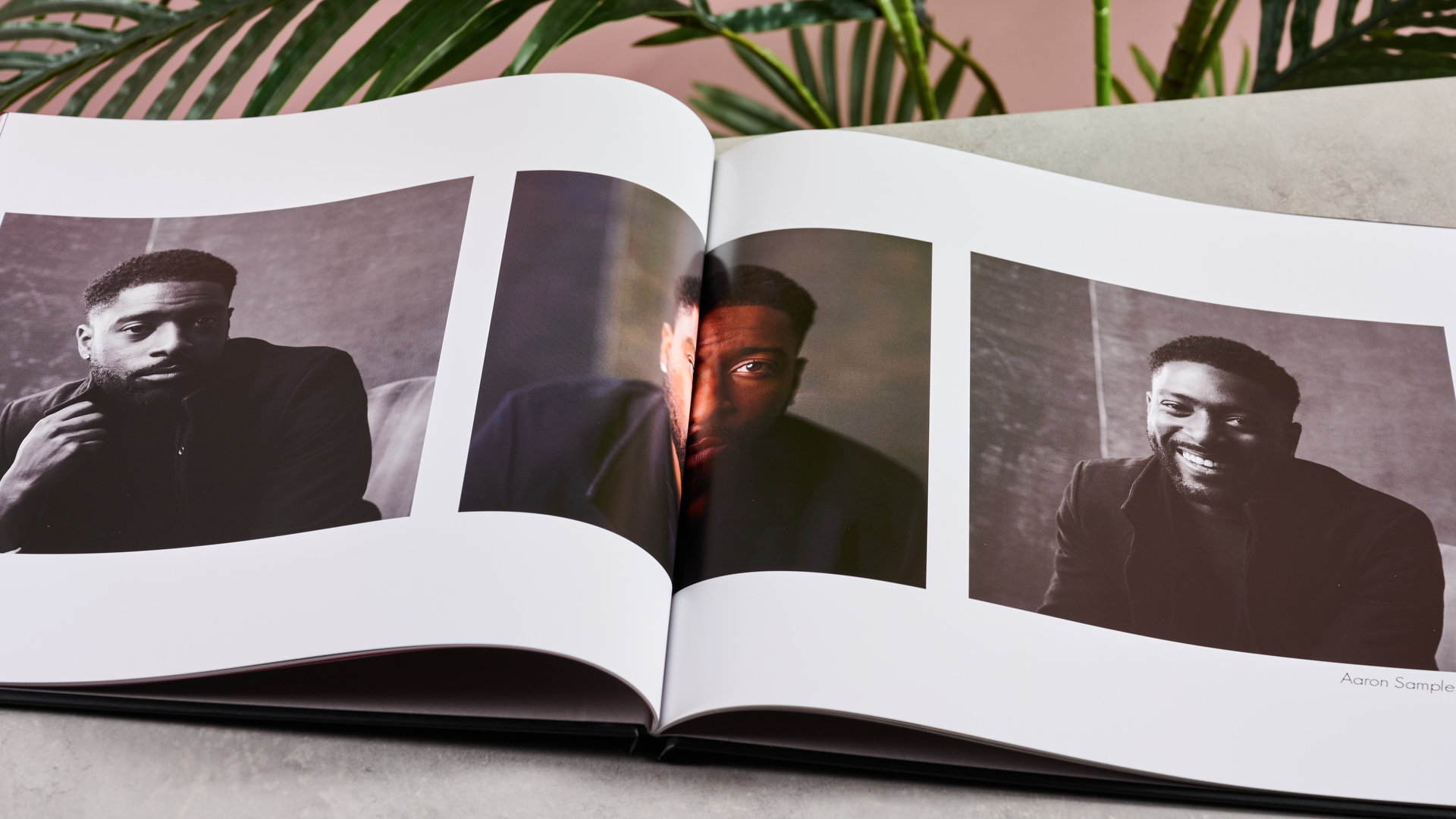 The interior of Blurb photo book showing a triptych of images of a man, with two in black and white and the center in color.