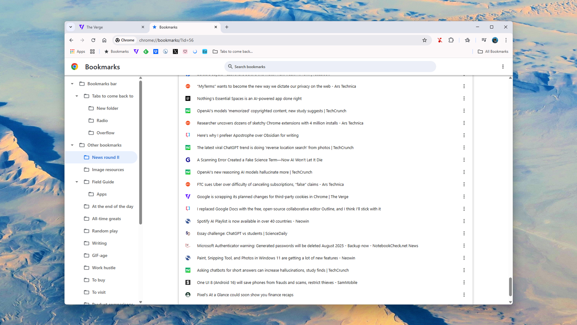 The main bookmarks management page from Chrome.