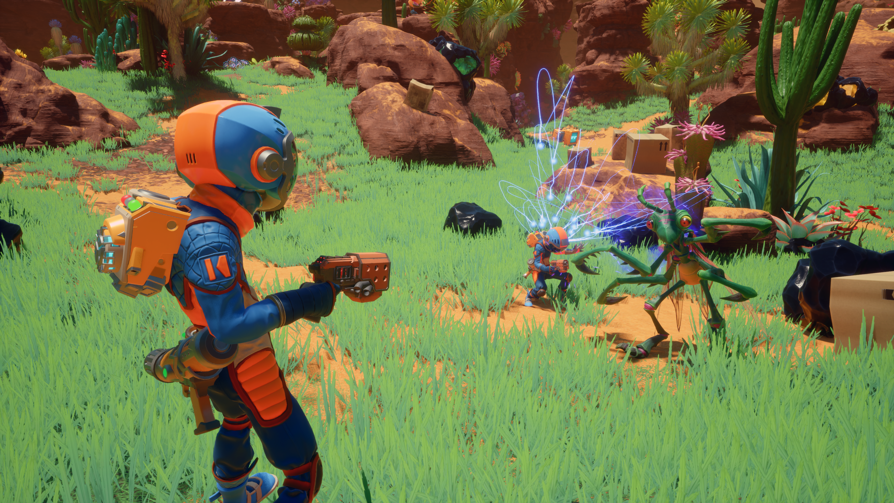 A spaceman shoots a critter in Revenge of the Savage Planet.