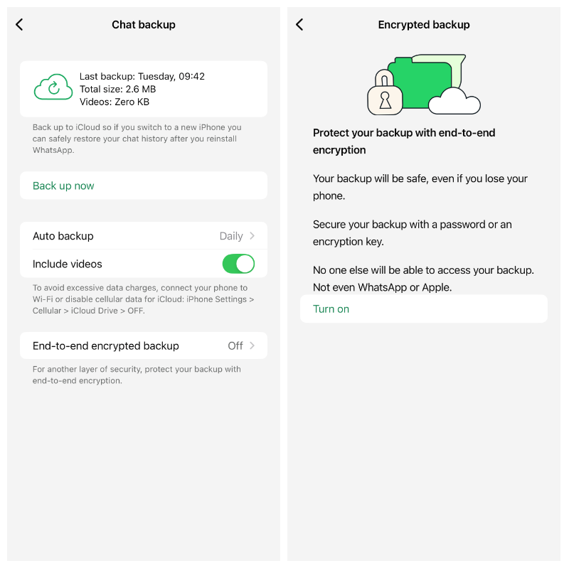 Two screenshots. Left: headed Chat backup, with various options underneath. Right: headed Encrypted backup with a graphic, and explanations about end-to-end encryption.