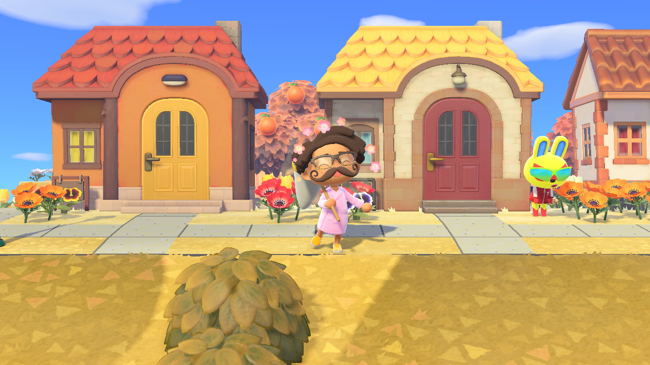 Holding a bug net in Animal Crossing: New Horizons.