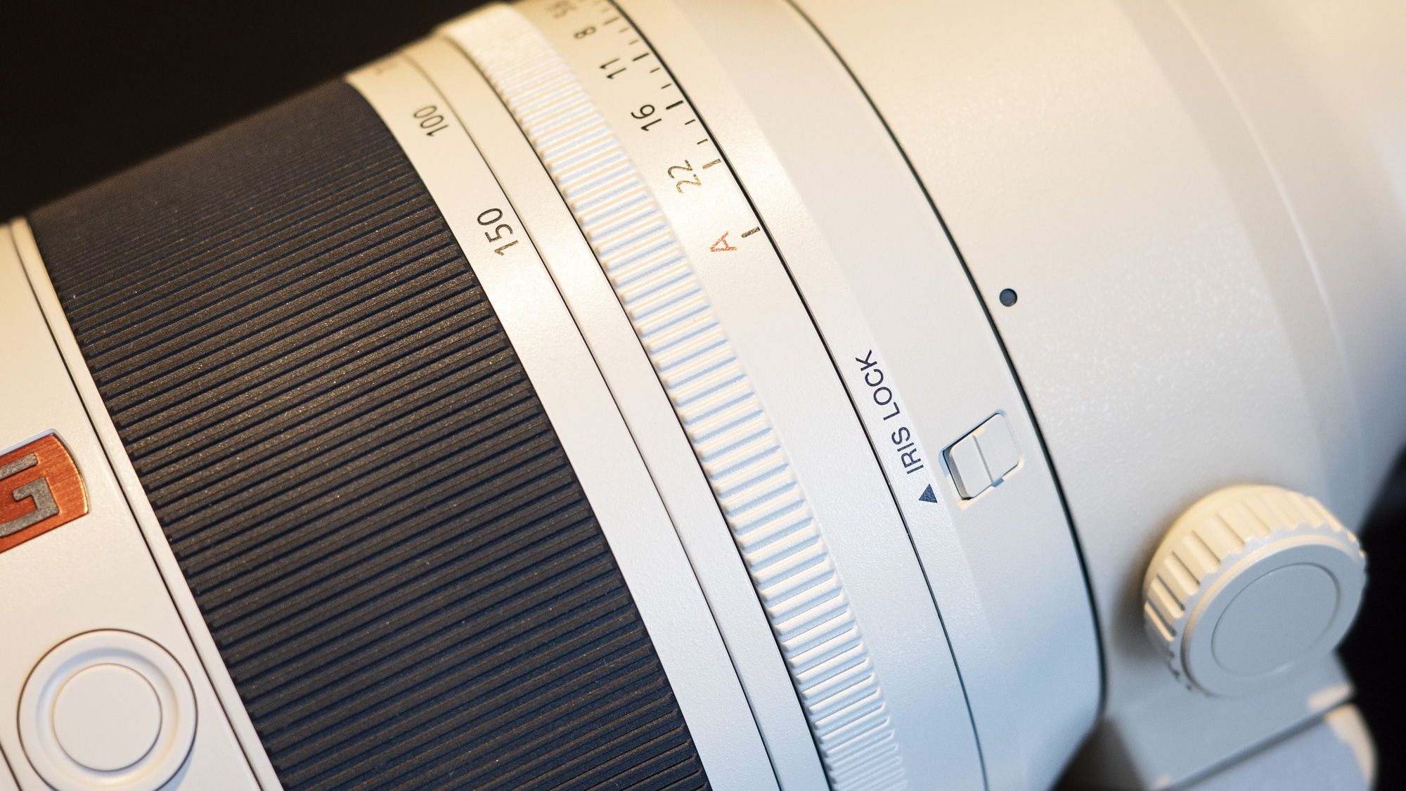 Closeup of the Sony FE 50-150mm F2 GM lens' iris lock