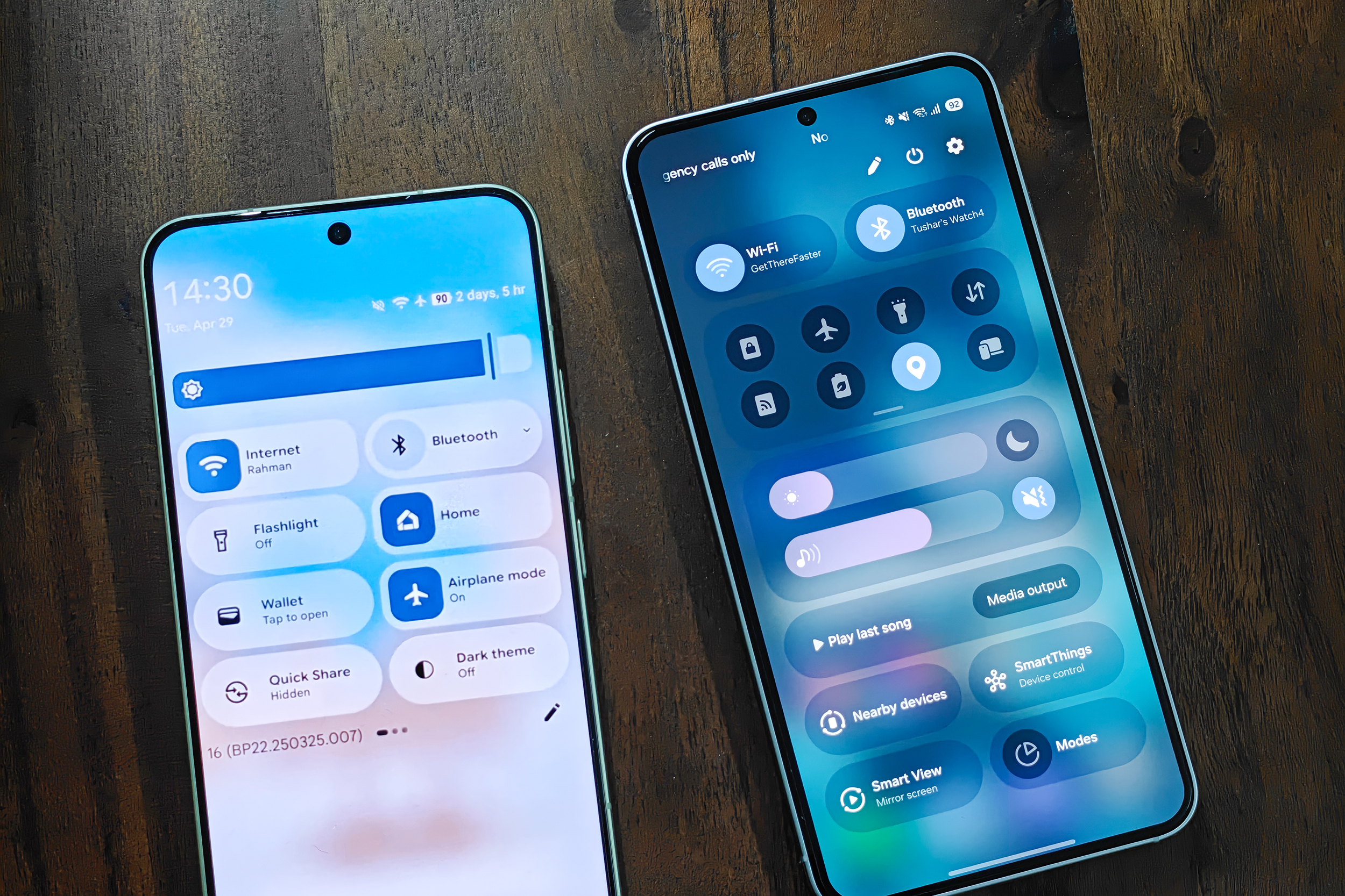 Quick settings menus in leaked Android redesign compared to One UI 7 on Samsung Galaxy S25.