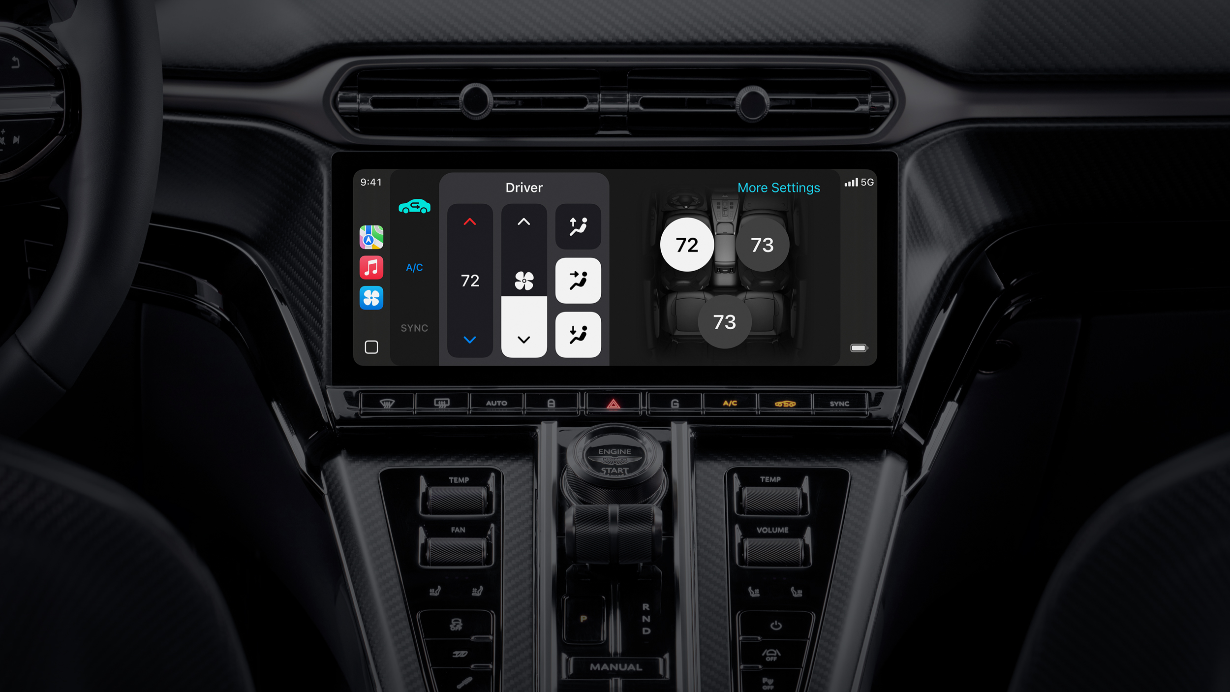 Apple Car Play Ultra on the infotainment display showing climate controls