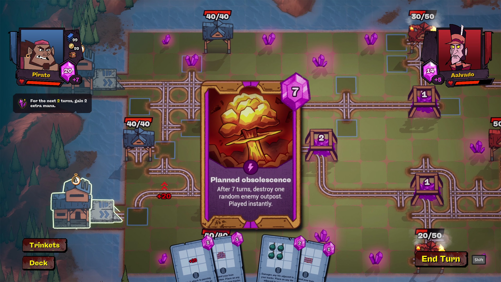 A flat map covered in train tracks is partially obscured by a card being played. The card denotes a mushroom cloud.