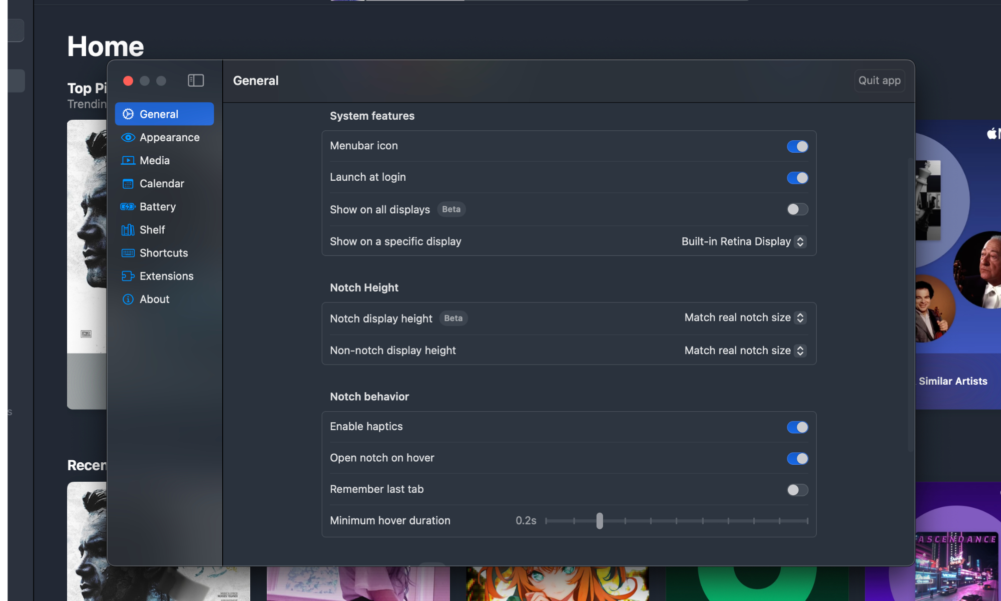 Settings menu within the Boring Notch app.