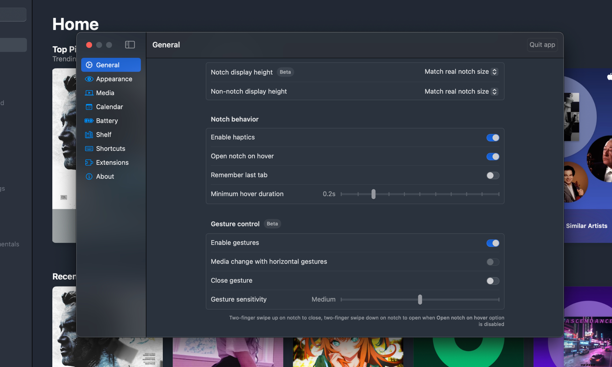 Core controls within the Boring Notch app.