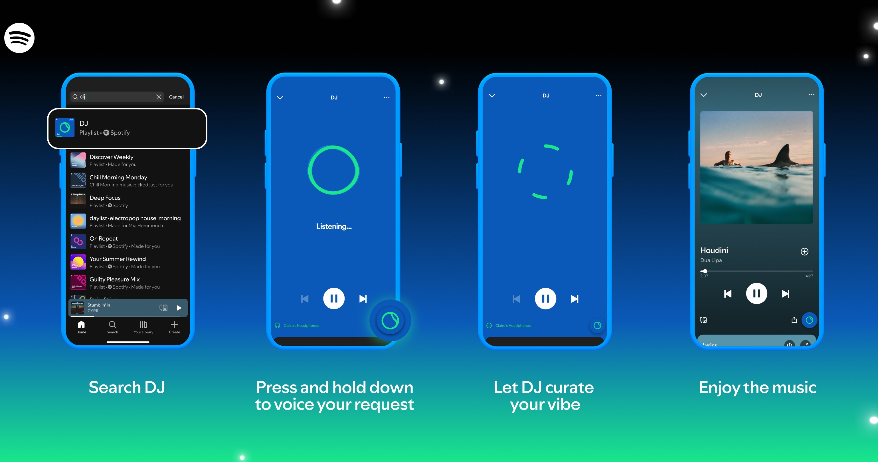 An infographic showing step-by-step instructions on how give AI DJ voice commands.