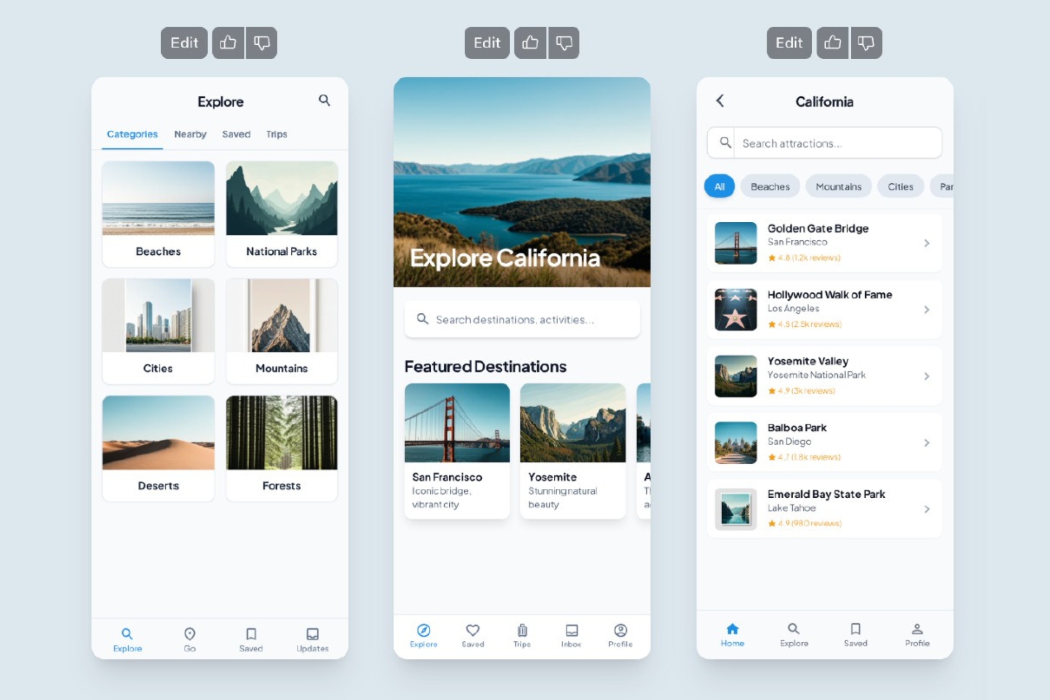 A screenshot of three example UI designs created by Google Stitch