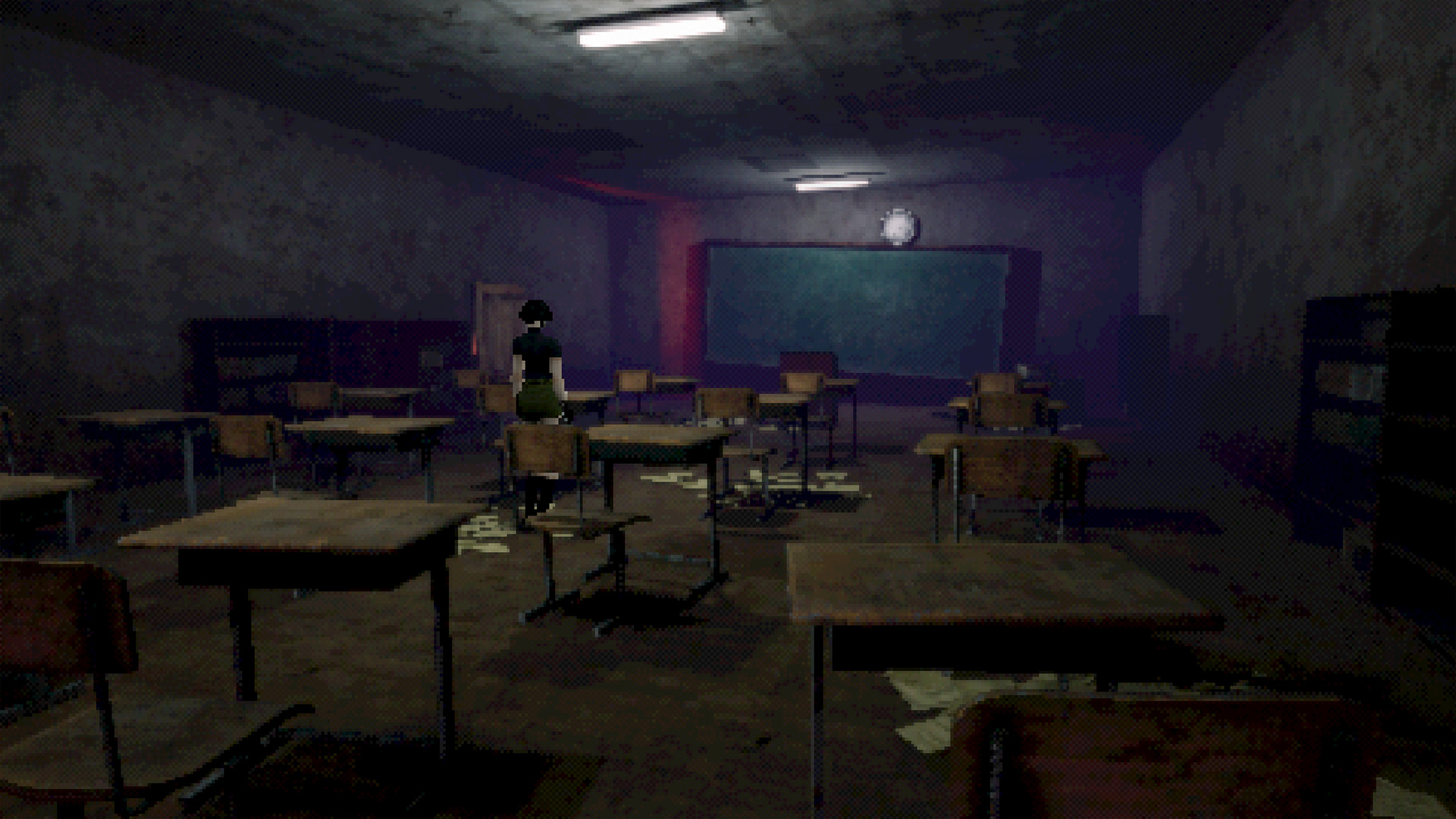 A slightly twisted angle from a fixed camera shows a dark and dilapidated classroom.