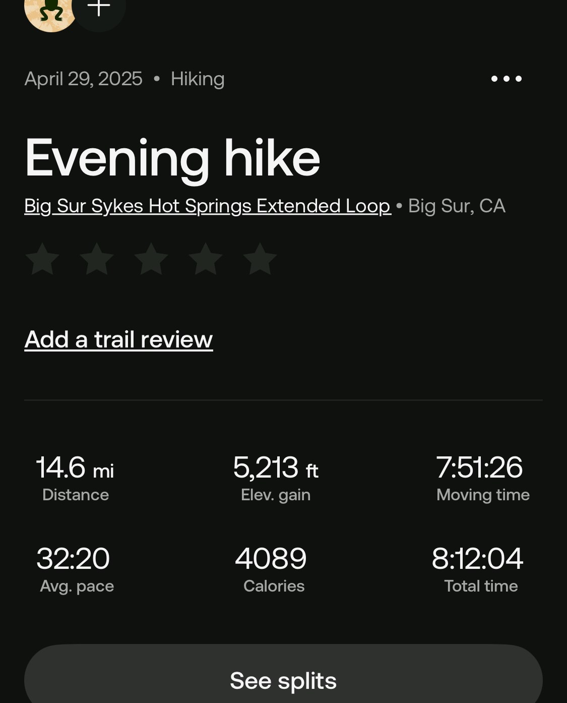 Screenshot of my hike recording on AllTrails, showing 14.6 miles of distance, and 5,213 feet of elevation gain