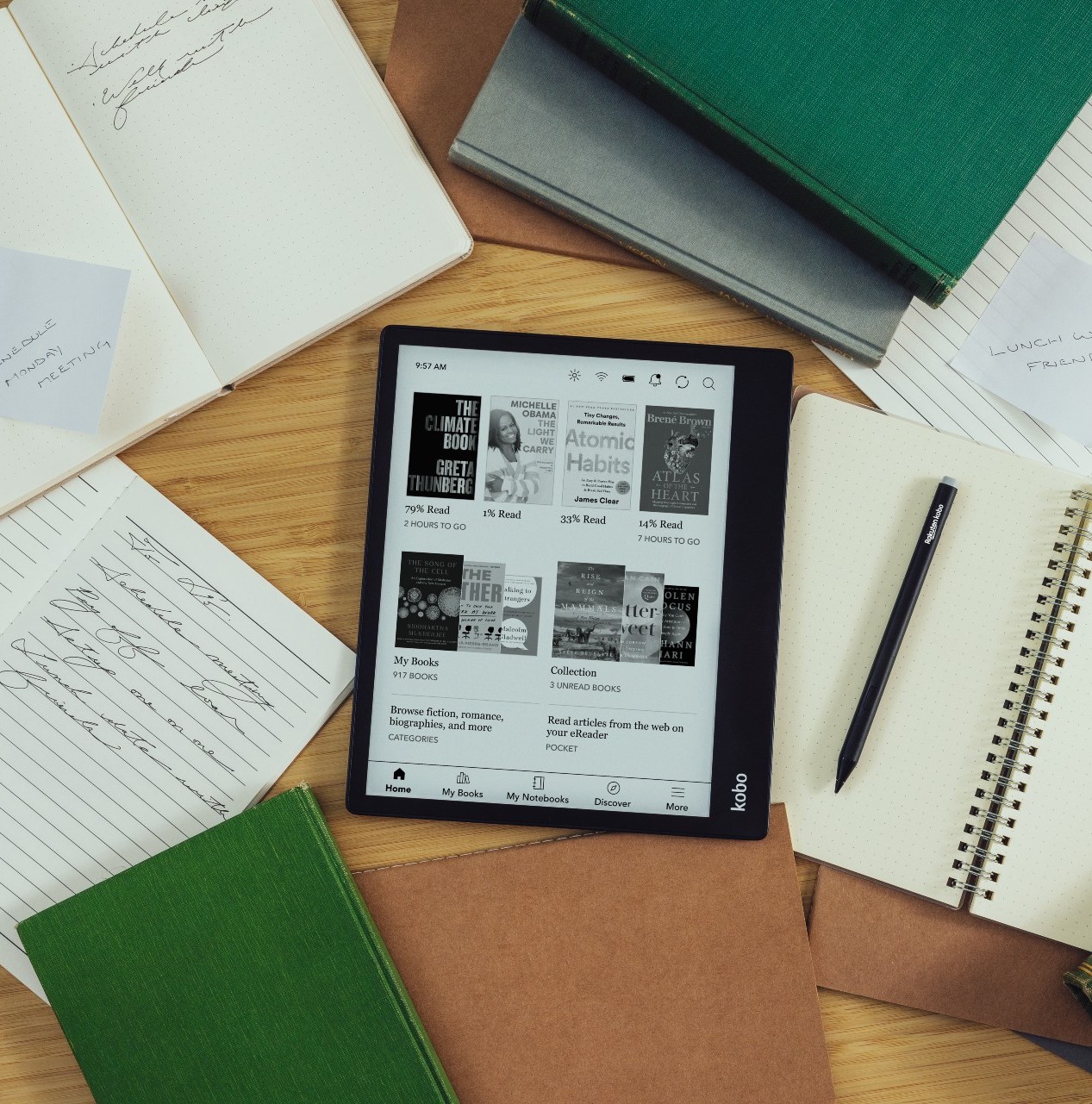The new Kobo Elipsa 2E on a desk surrounded by papers.