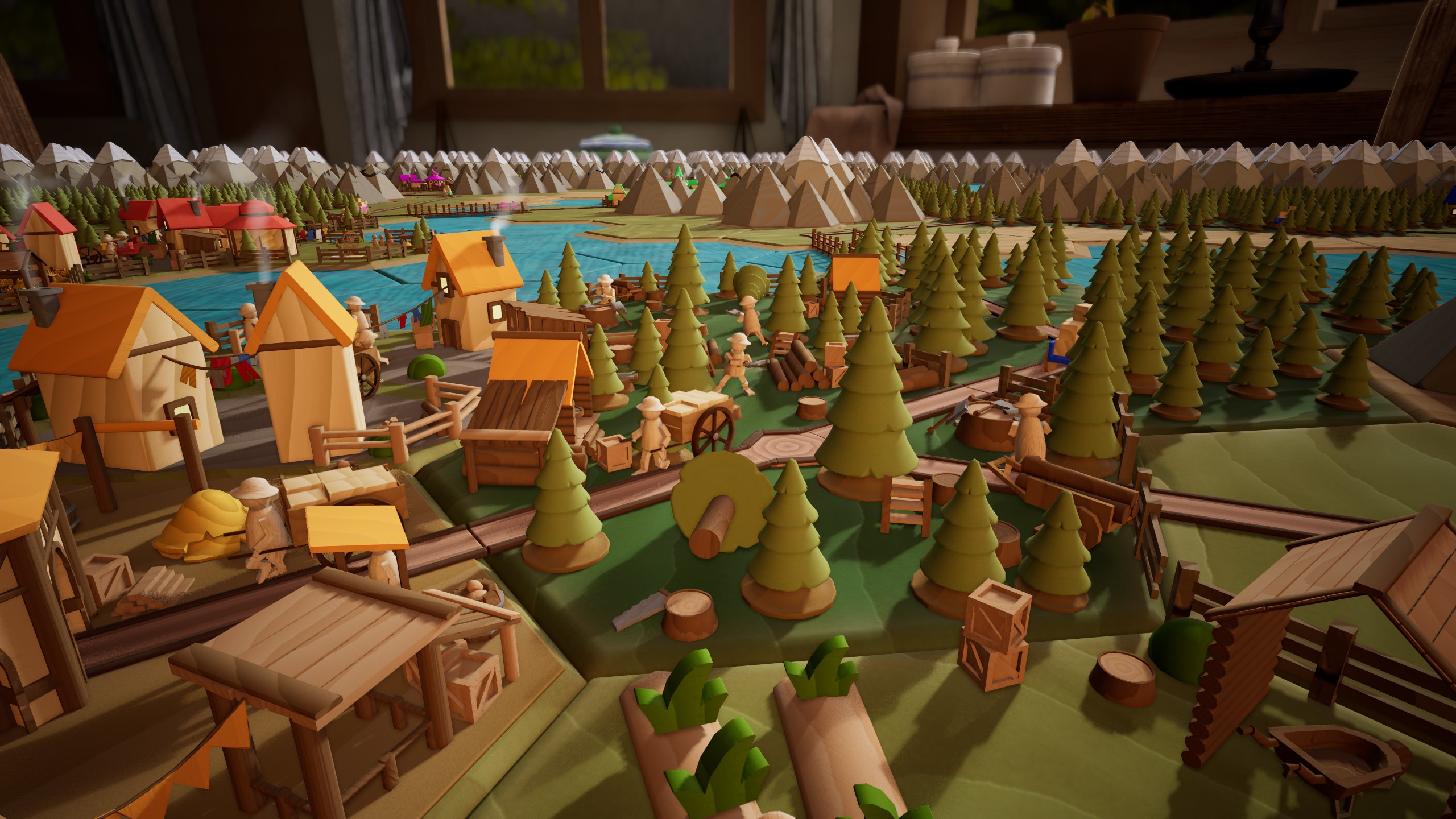 A tightly zoomed in camera shows wooden figures walking around a colorful model town.