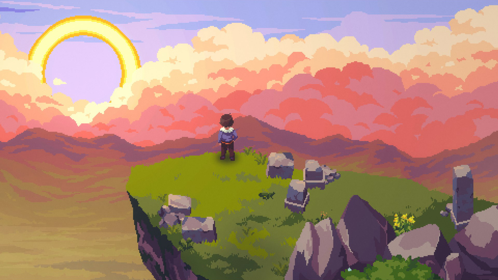 A young man in a blue jacket on the edge of a cliff looks on at a sunset in a 16-bit pixel art style.