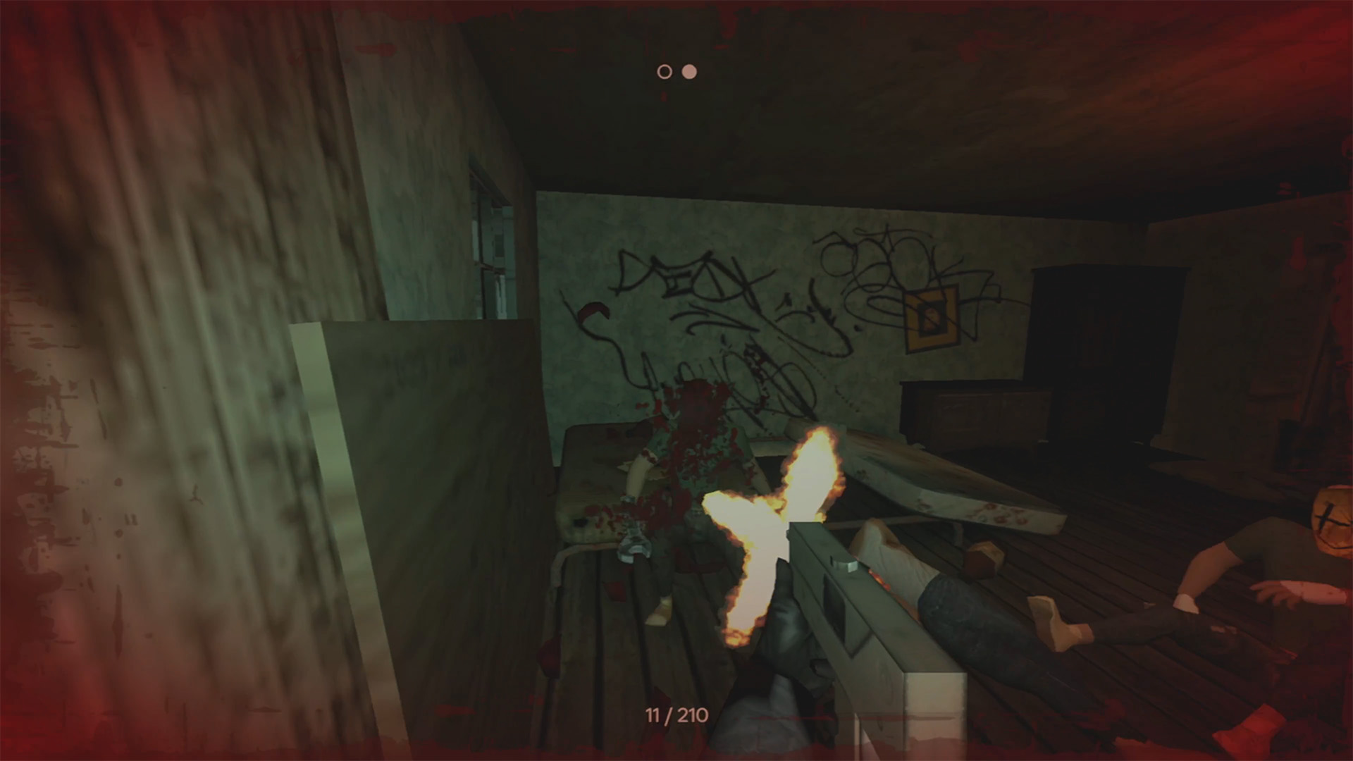 A low poly 3D man is shot, spaying blood, in a dimly lit warehouse.