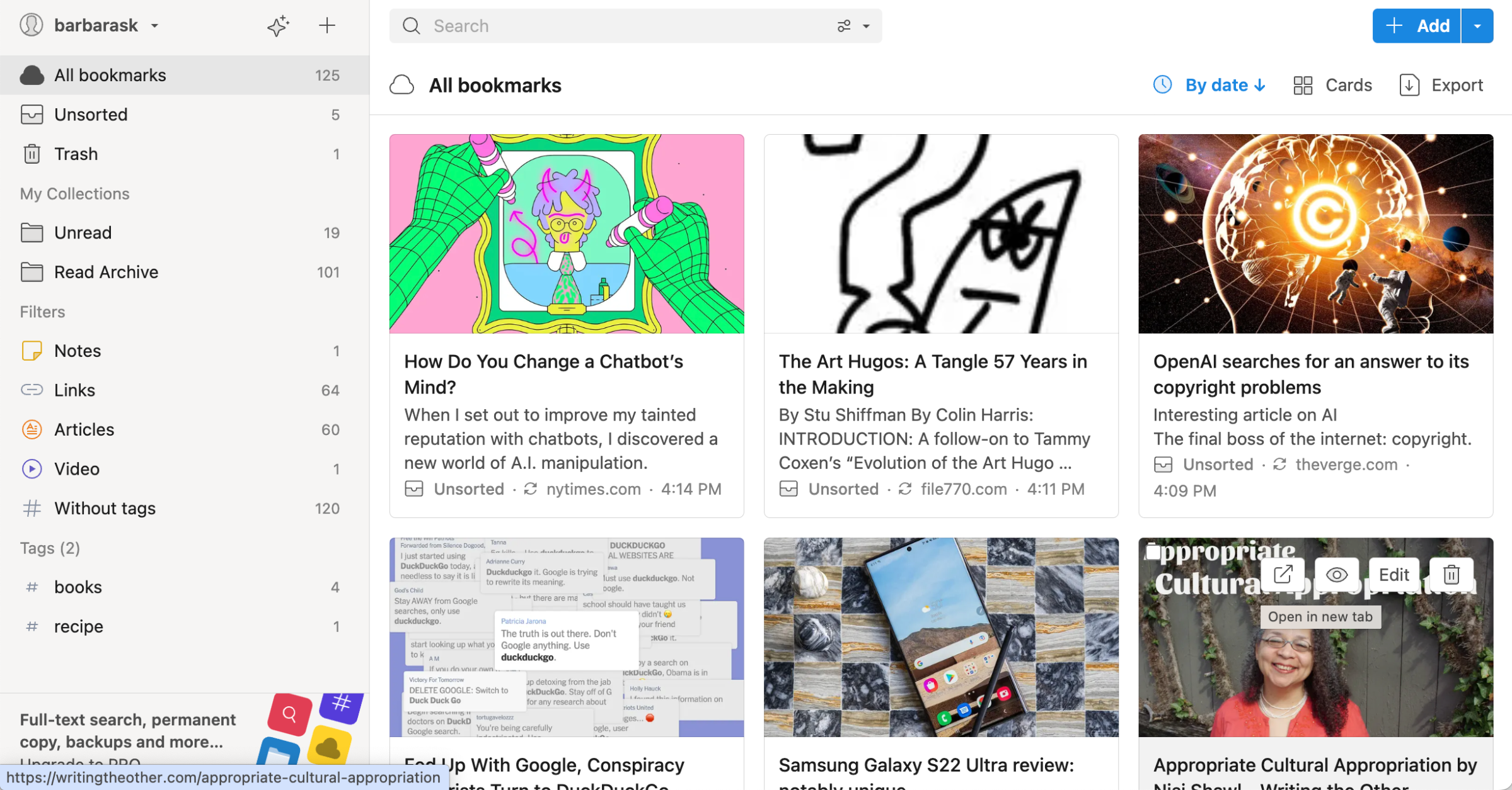Front page of Raindrop.io app, including large images of bookmarks and menu on left.
