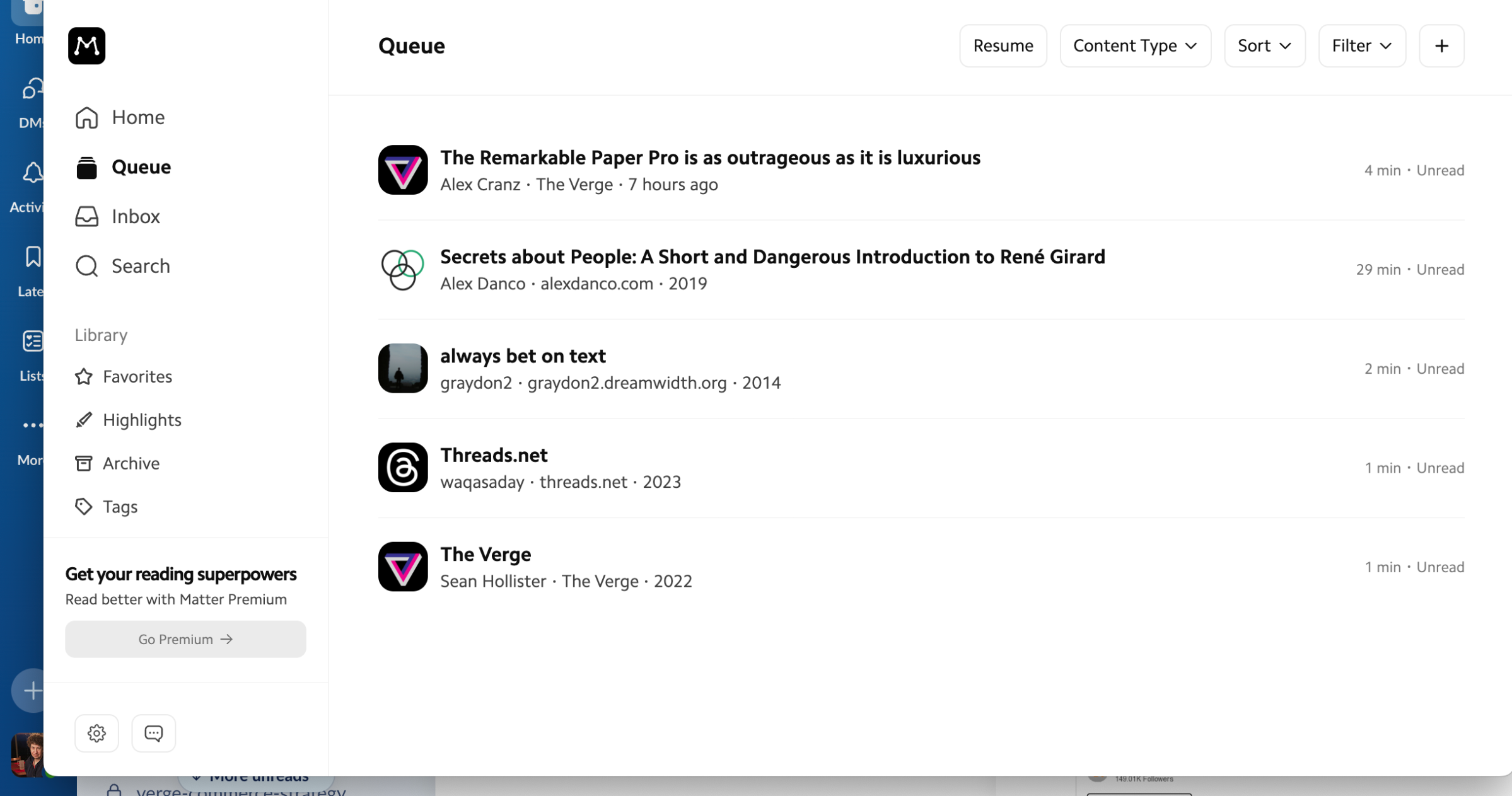 Matter read-it-later app with list of articles in center and