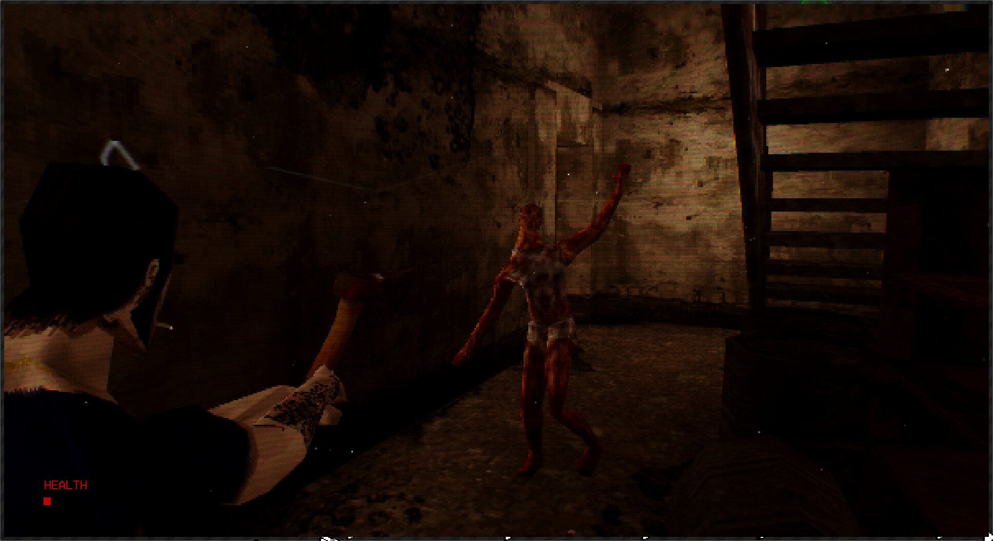 A monster resembling a skinless human runs at a gun wielding person in a dark and grimy building.