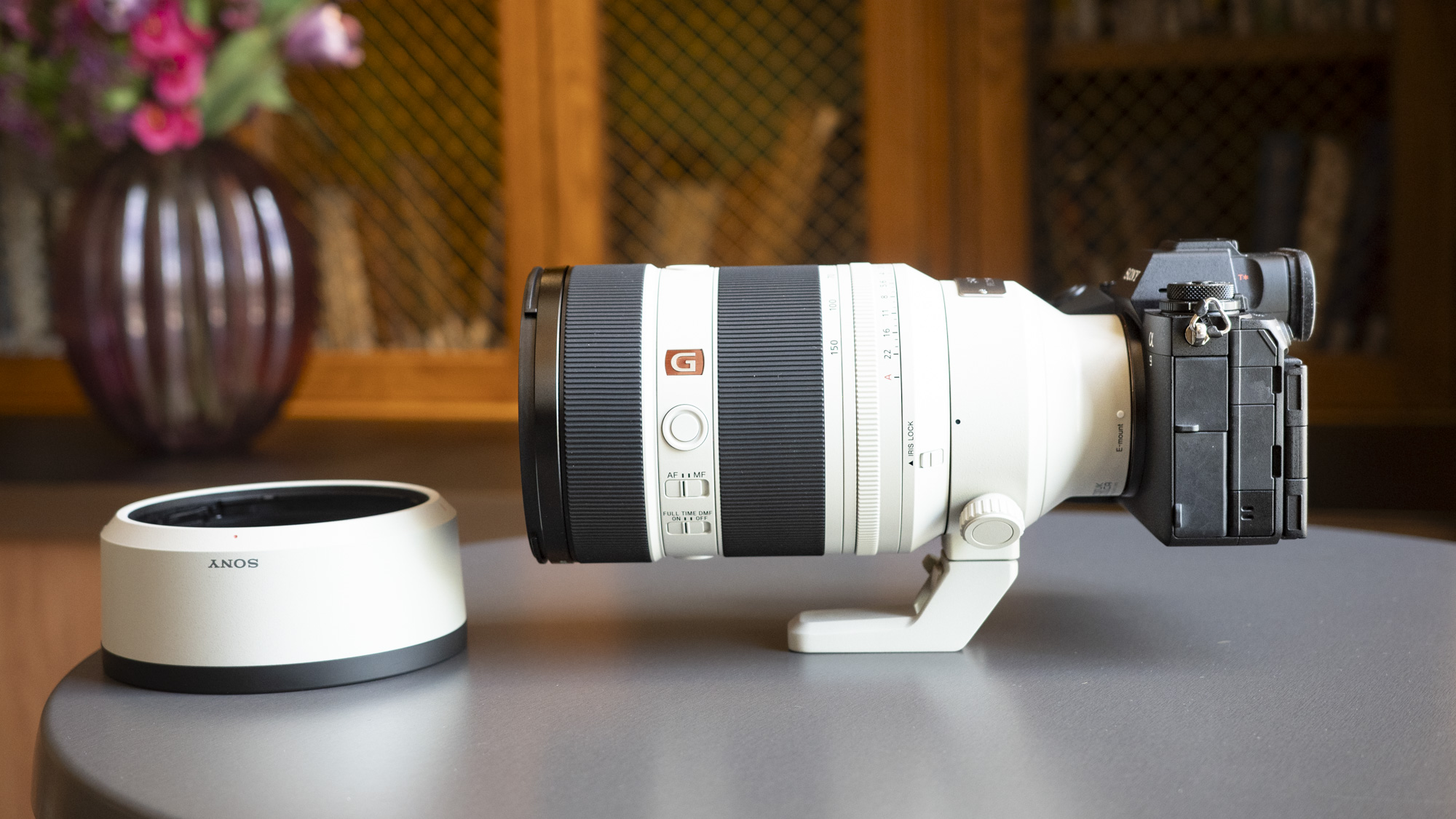 Sony FE 50-150mm F2 GM lens attached to a Sony A9 III, on a table