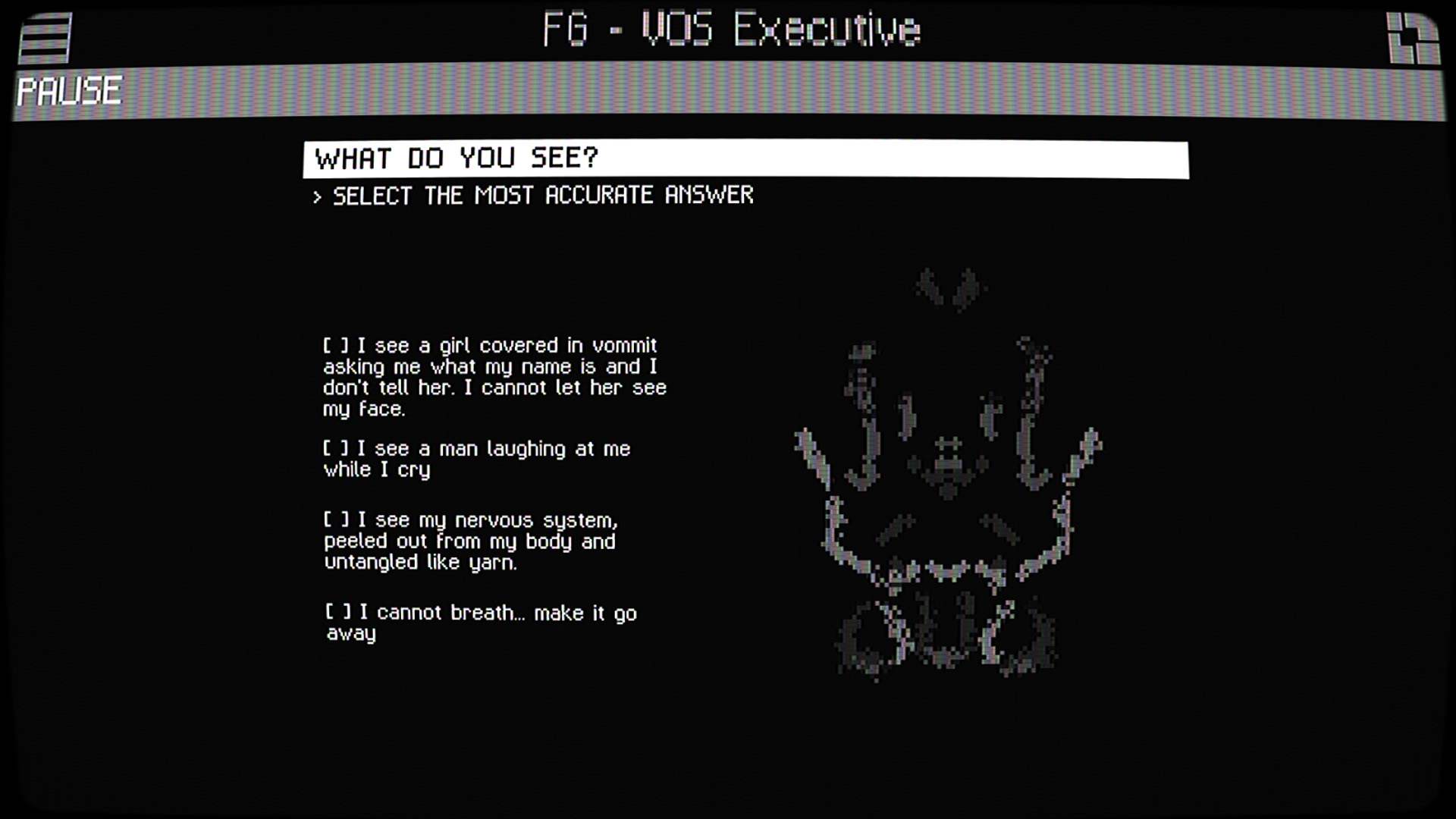 A rorshach test in early apple computer monitor style asks the reader what they see in the image.