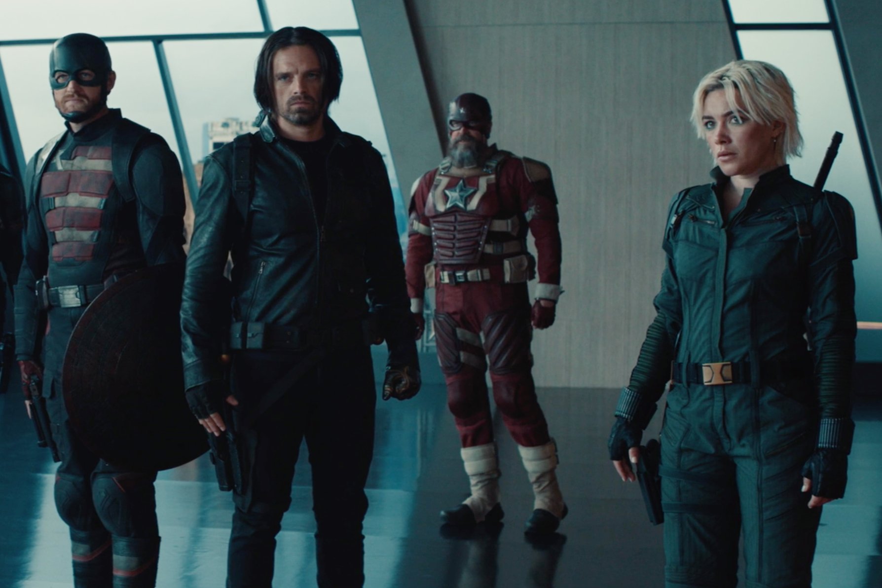 Yelena, Bucky, John, and Alexei stand in Avengers Tower in "Marvel's Thunderbolts*."