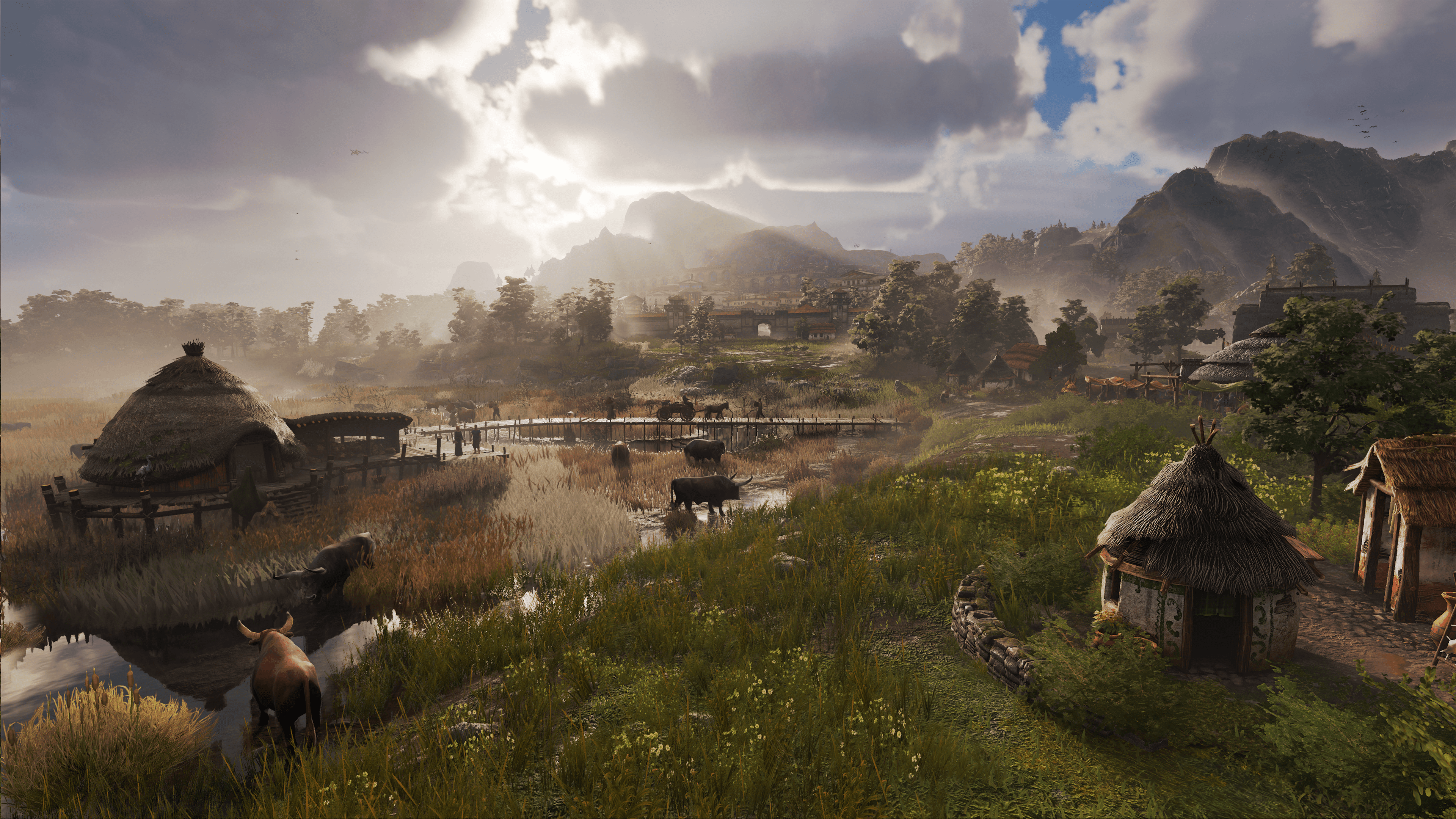 Animals mill around a farm in Anno 117: Pax Romana.