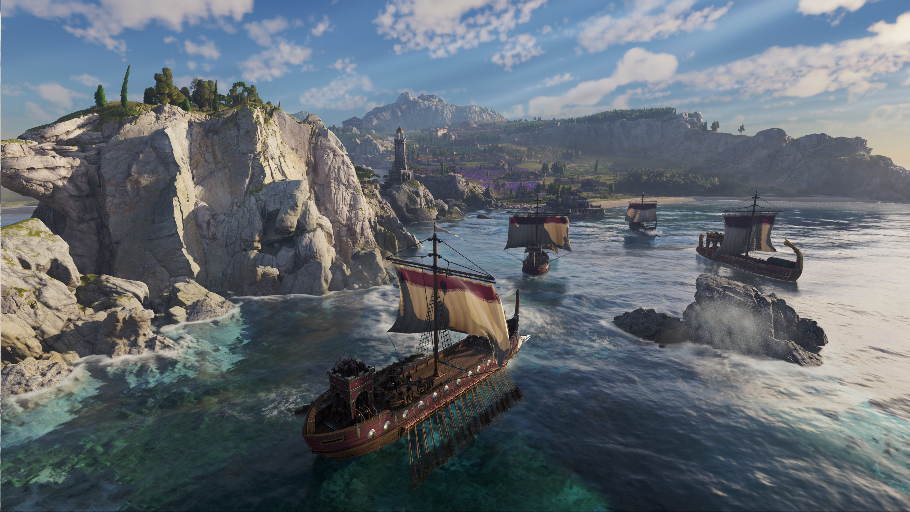 Ships sail through the sea in Anno 117: Pax Romana.