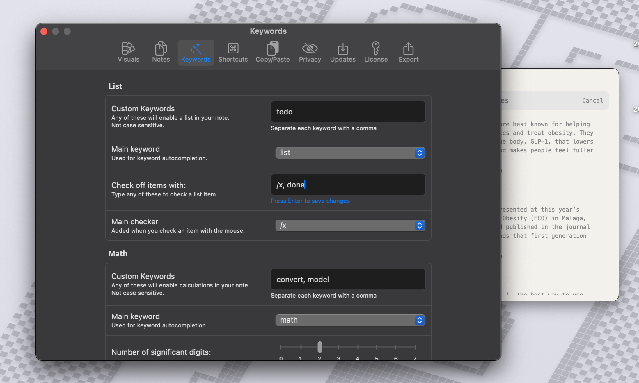 Keyword setup in the Antinote app for macOS.