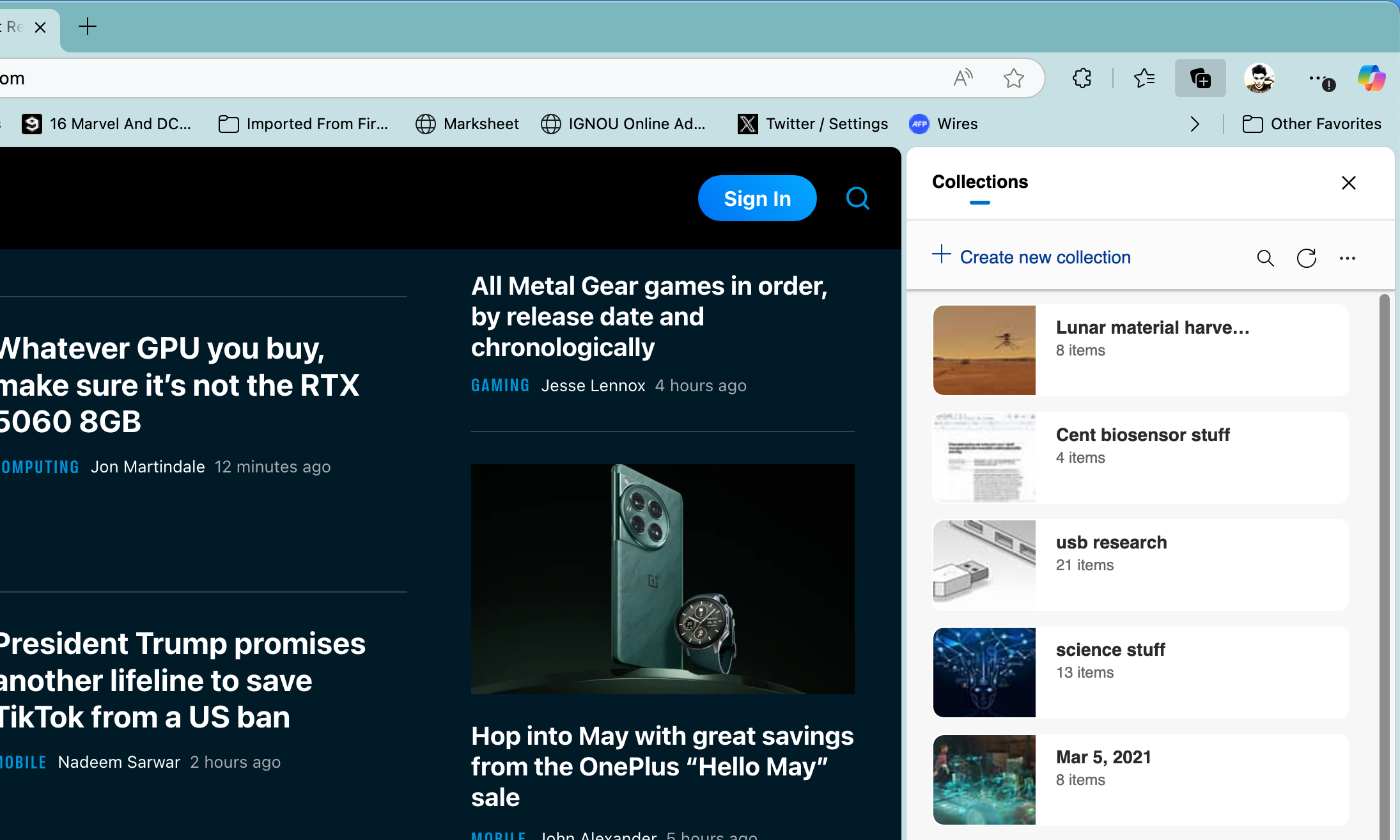 Expanded Collections in Edge browser.