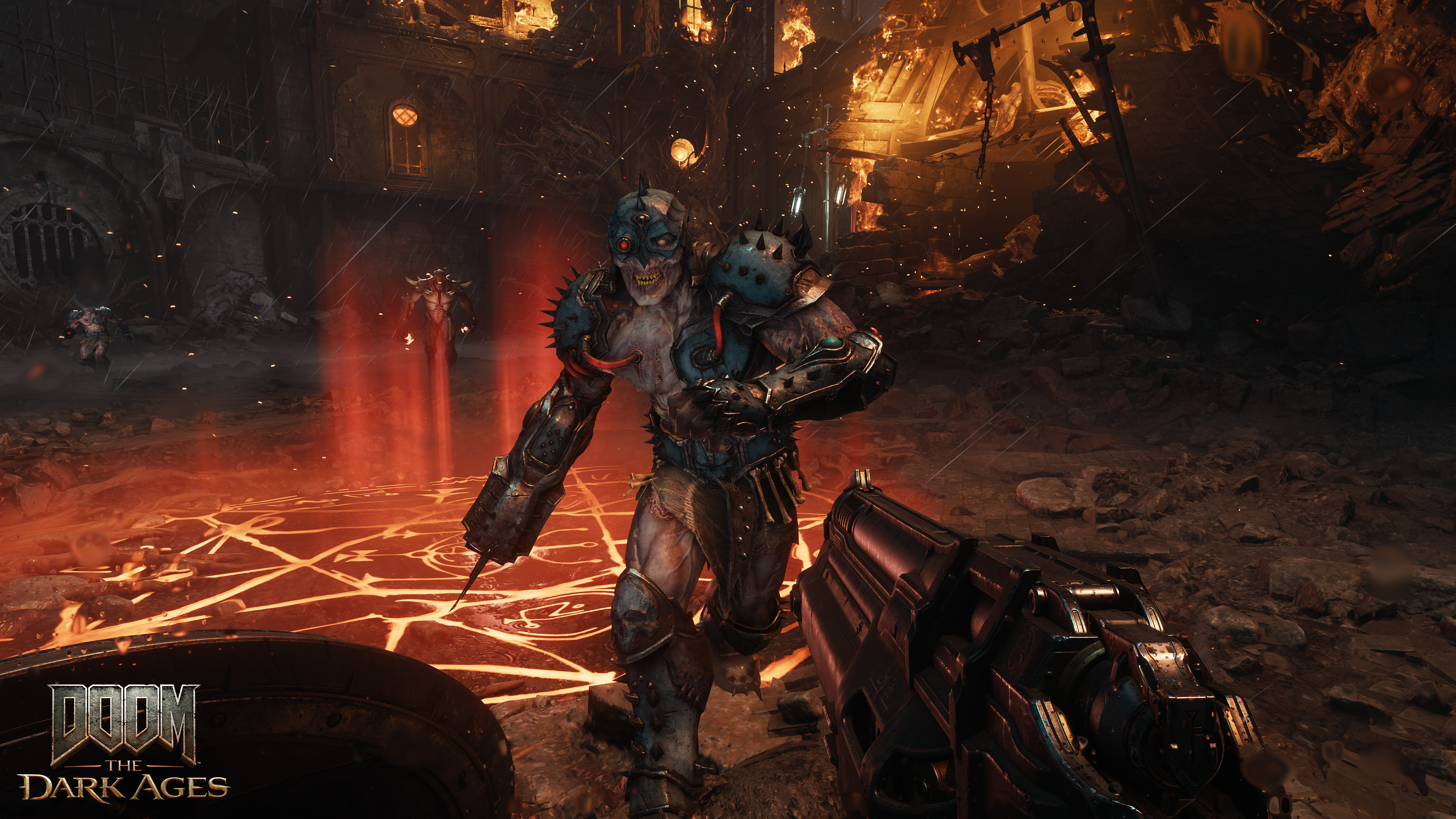 An armored demon runs towards the Doomslayer in Doom: The Dark Ages.