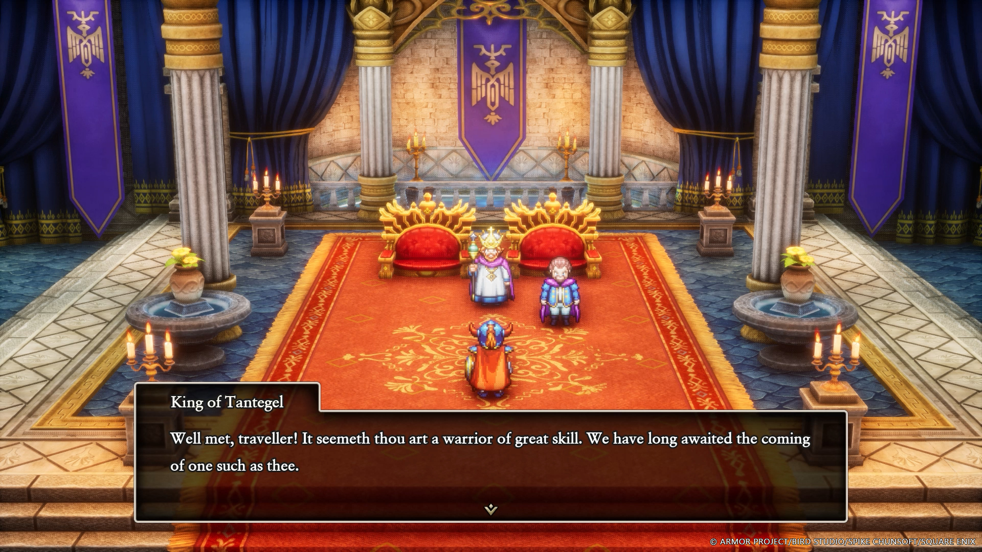 A hero talks to a king in Dragon Quest 1 + 2 HD-2D Remake.