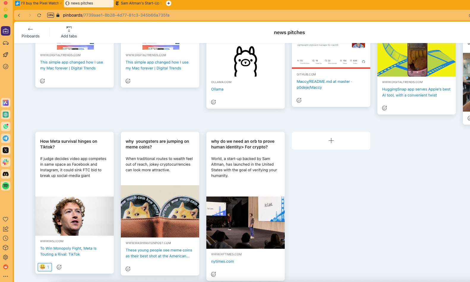 Pinboard cards in Opera browser.