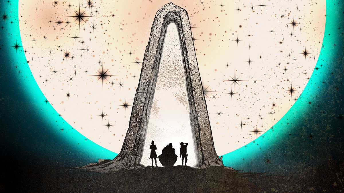Borderlands heroes stand under a tall arch in a new Tales From the Borderlands game.