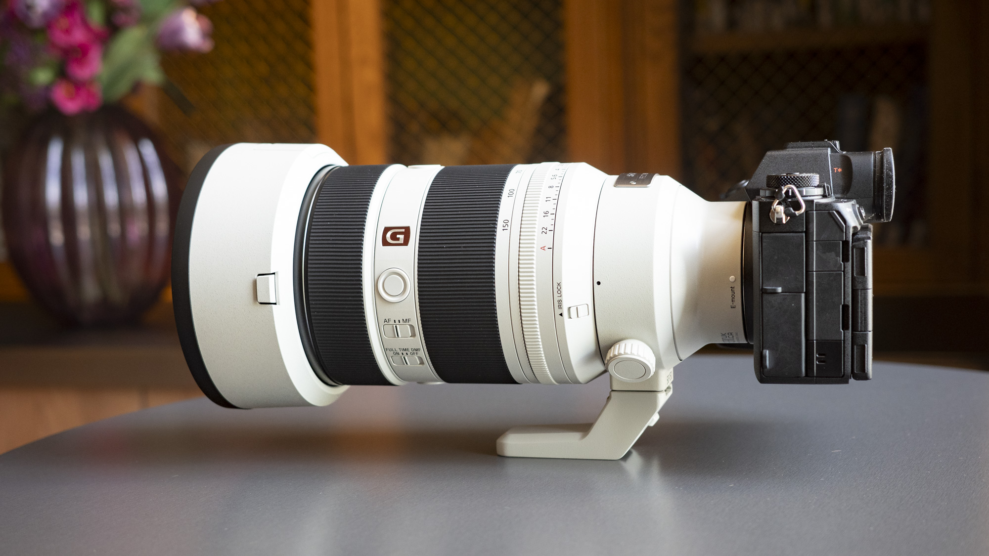 Sony FE 50-150mm F2 GM lens attached to a Sony A9 III, on a table