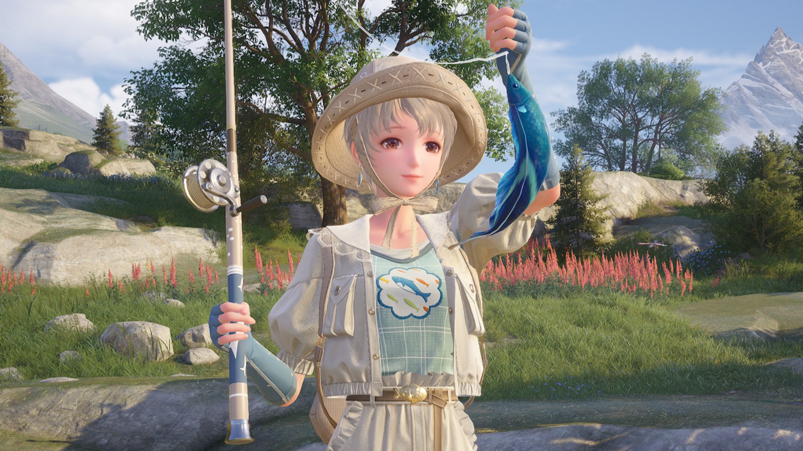 Nikki holding up a fish in Infinity Nikki.