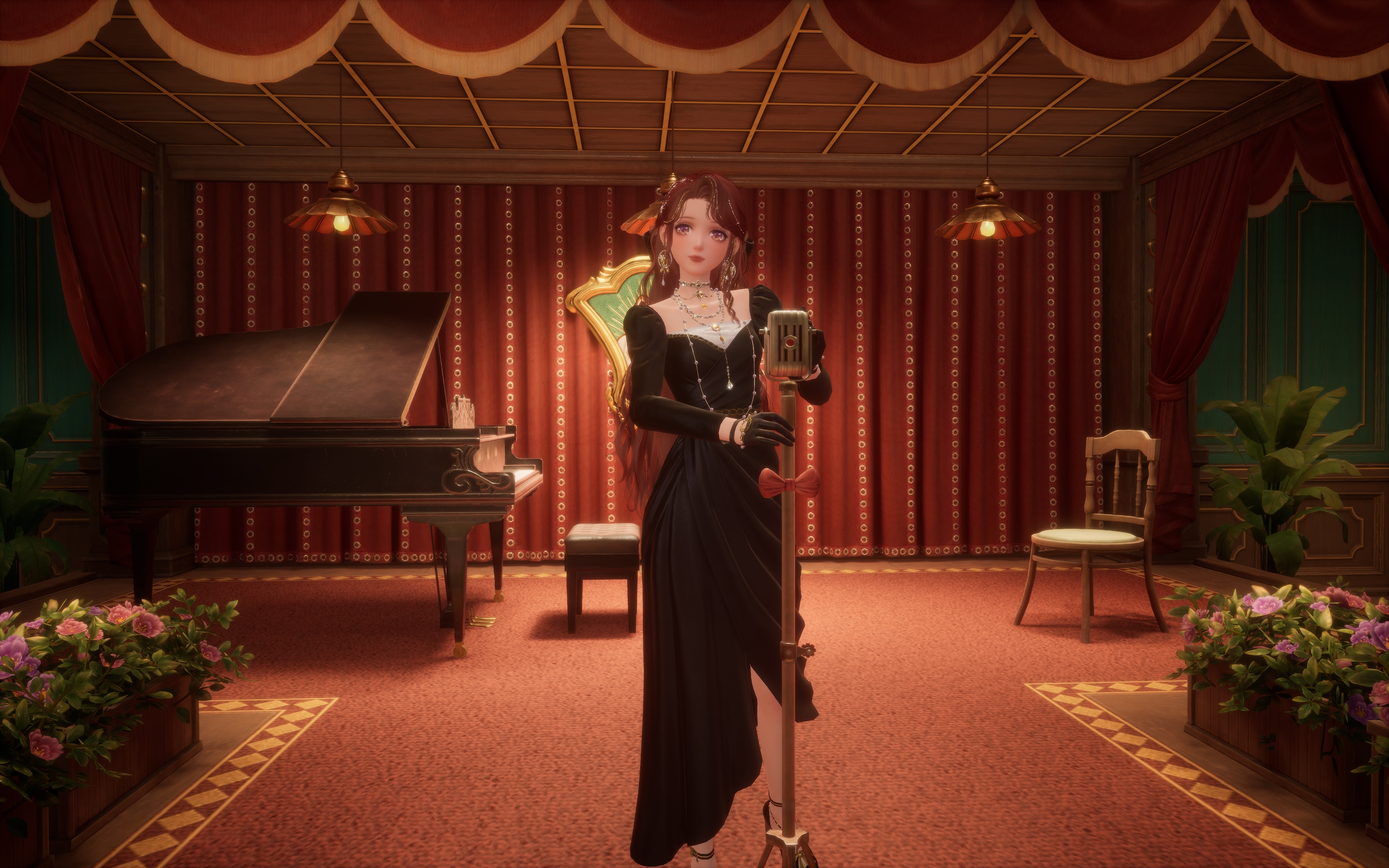 Nikki stands at a microphone in Infinity Nikki.
