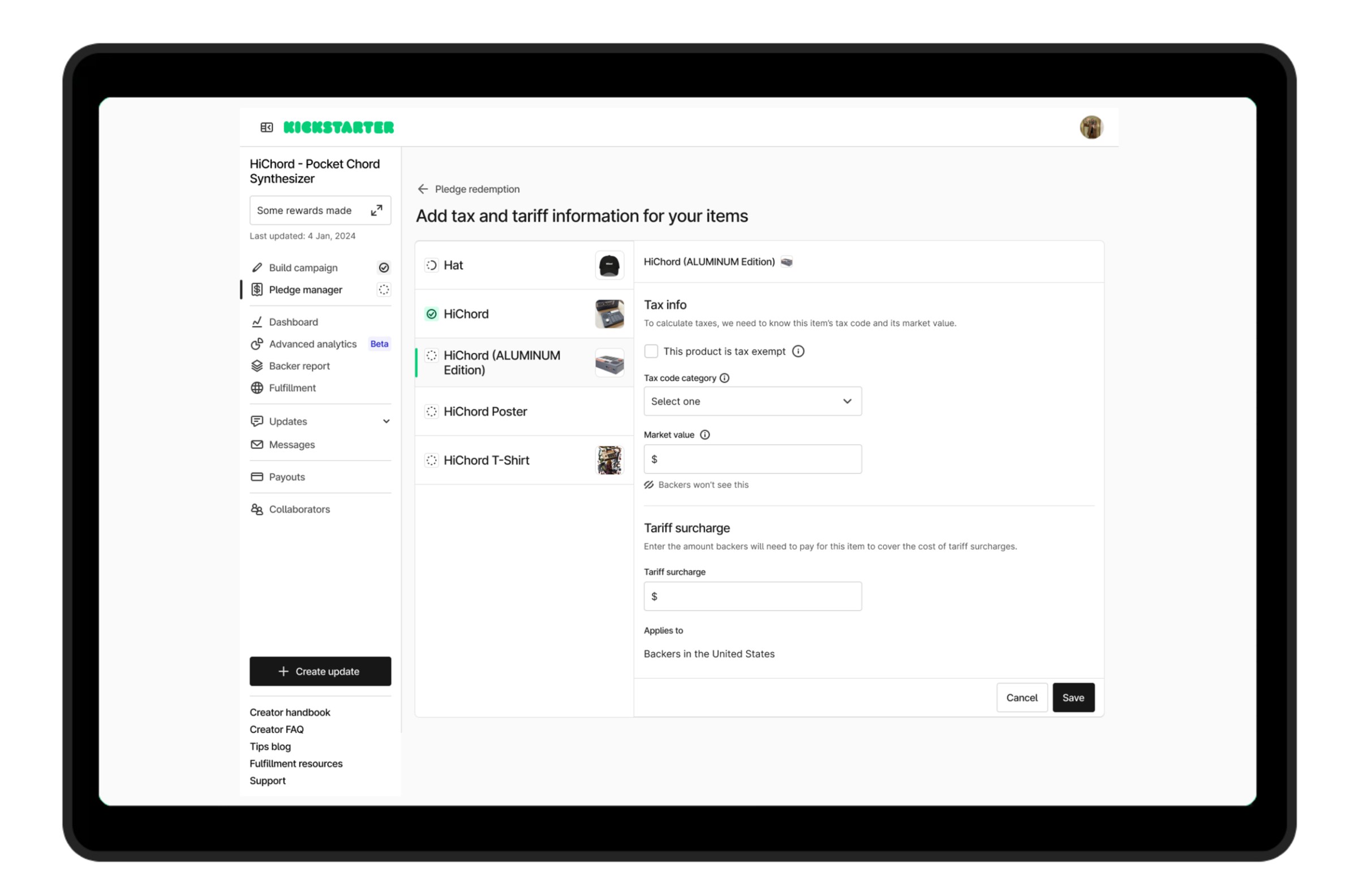 A screenshot of Kickstarter’s Tariff management tools.