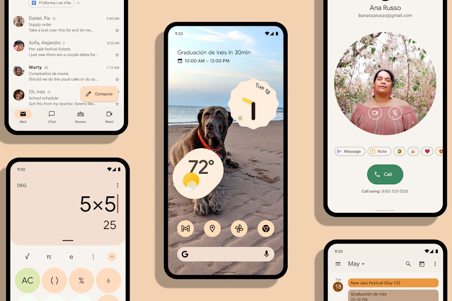 Android 12's Material You design language with wallpaper-based theming.