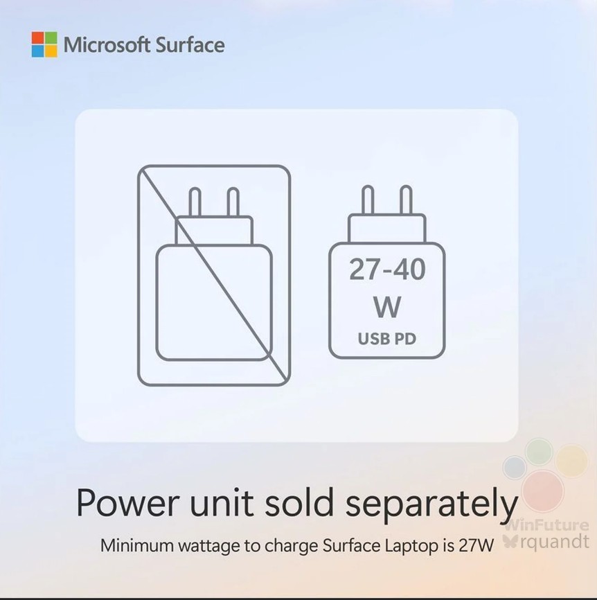 A slide suggesting the new Microsoft Surface 2025 devices will not ship with a charging adapter