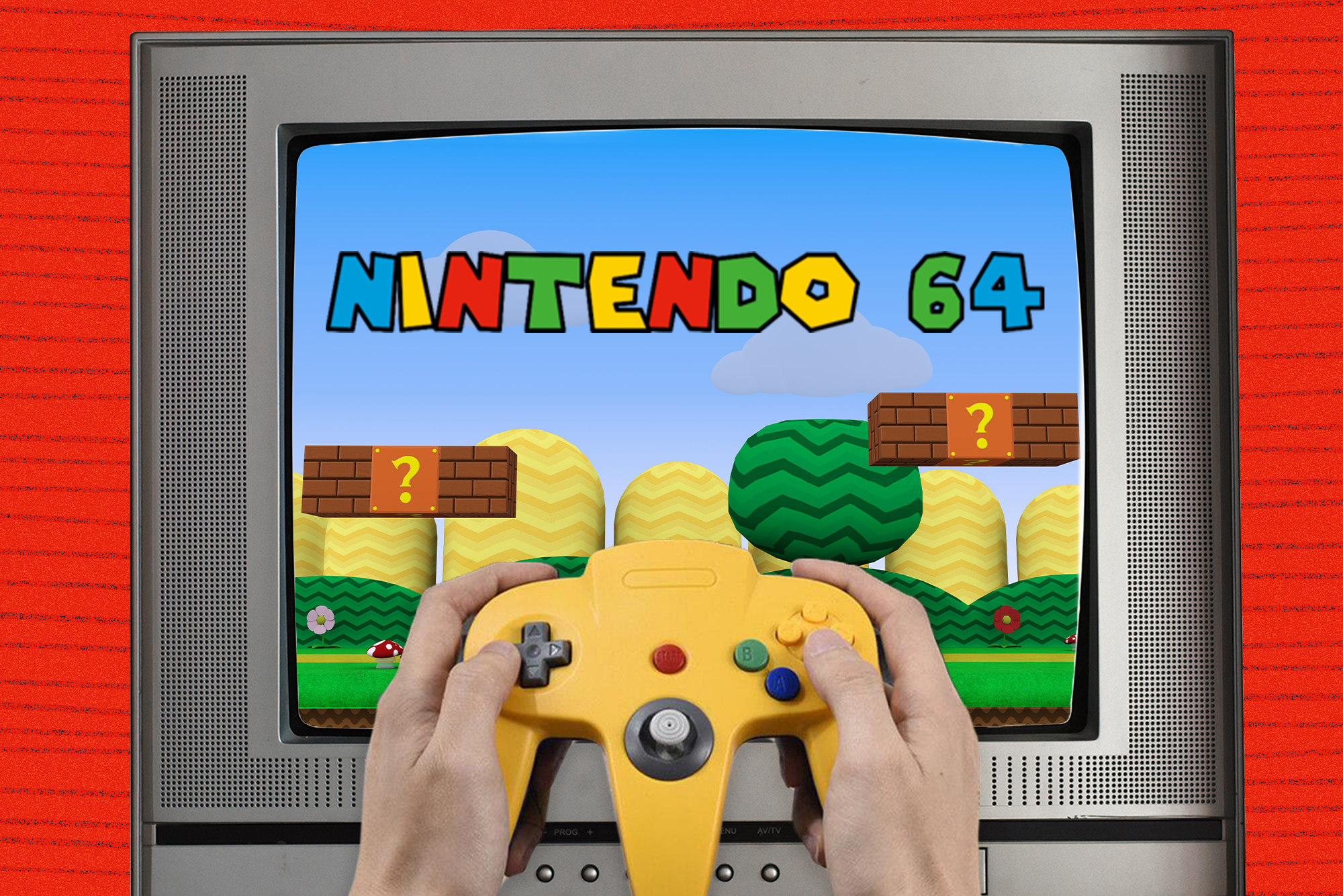 Person playing a game on the Nintendo 64 composite image.
