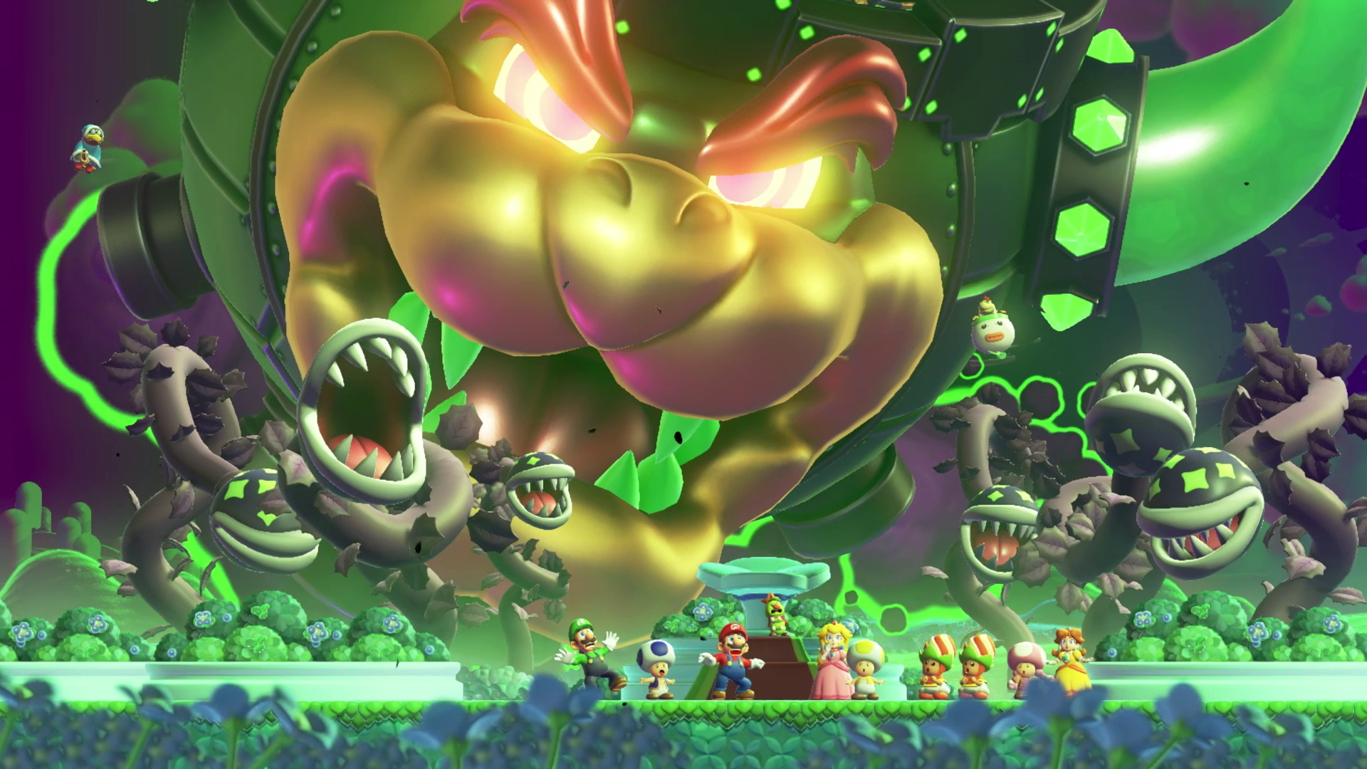 Bowser terrorizes Mario and company in Super Mario Wonder.