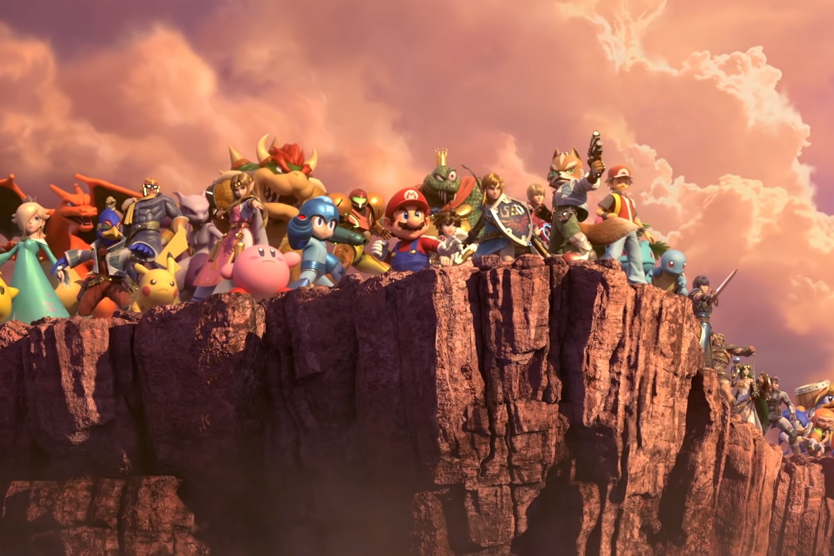 Nintendo characters standing on a cliff.